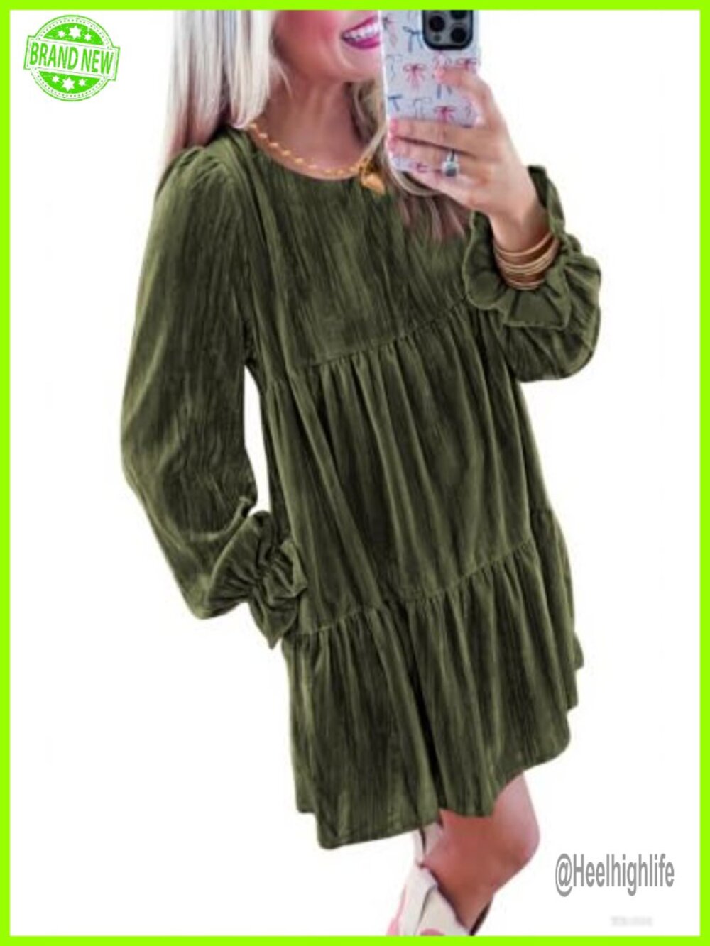 Crushed Velvet Babydoll Dress with Pockets Long Sleeve Semi Formal